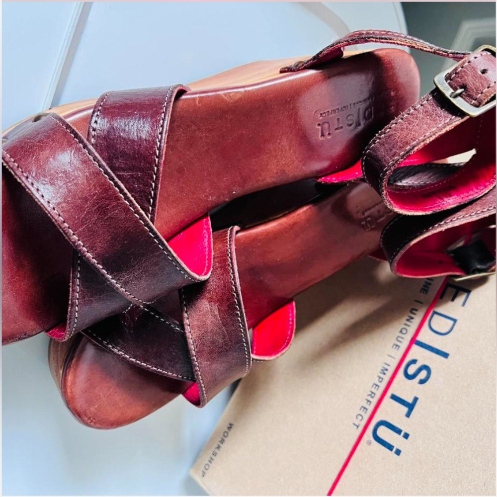 Bed|Stu Grettell Leather Wood Platform Studded Wedge Sandals 10 Brown Burgundy - Picture 12 of 12